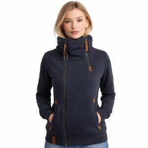 Naketano Navy Full Zip Funnel Neck Hoodie Leather Trim Sz XS